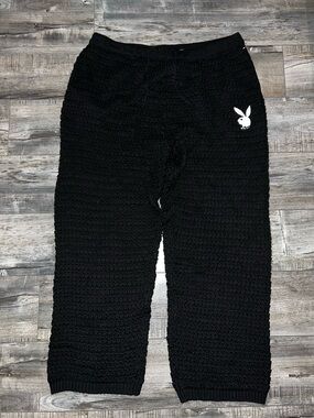 PLAYBOY Black Textured Knit/Crochet Lounge Pants with White Bunny Logo